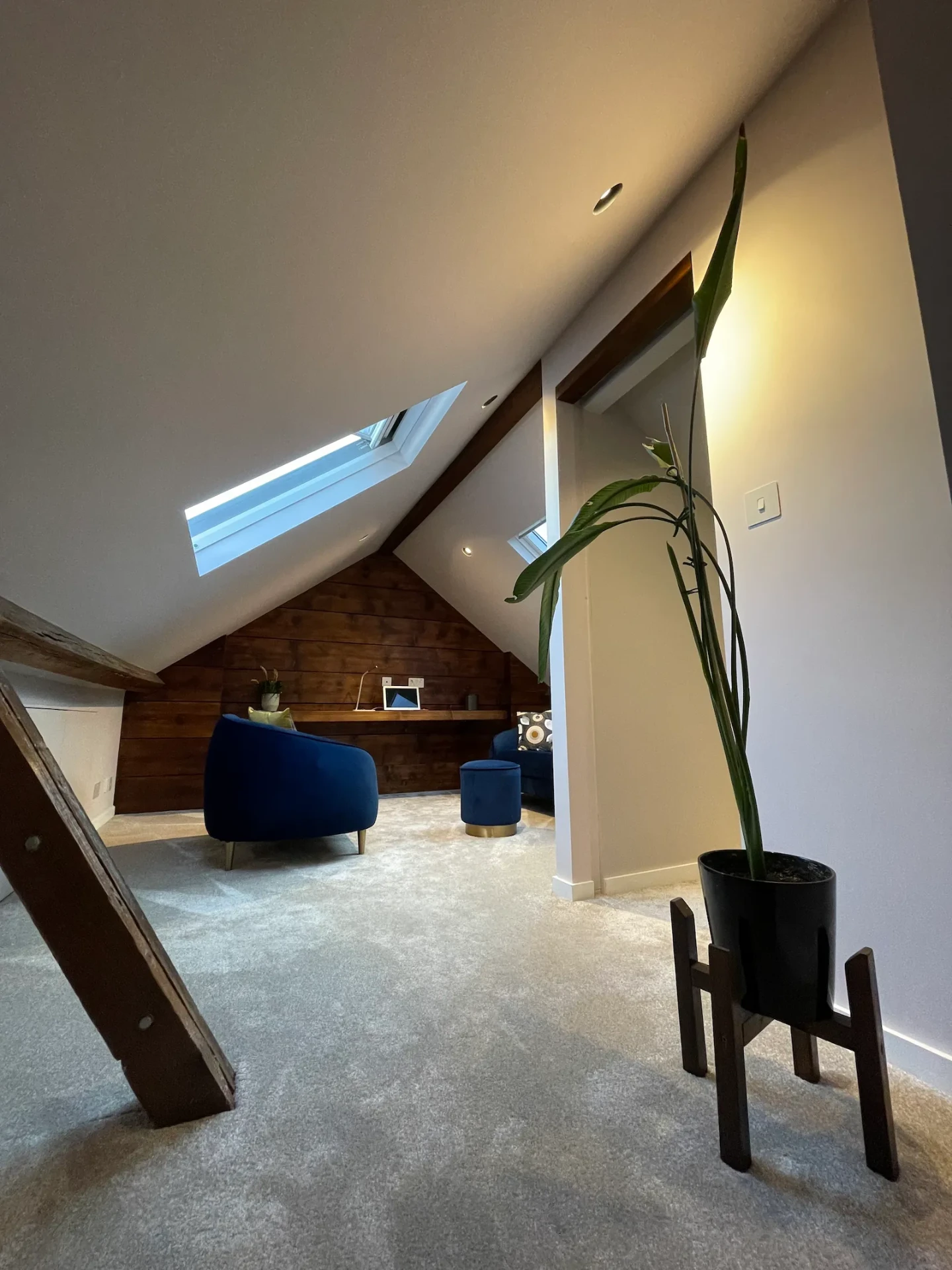 The same Romford loft after conversion by Bridgerose into a blue-toned lounge with rooflights